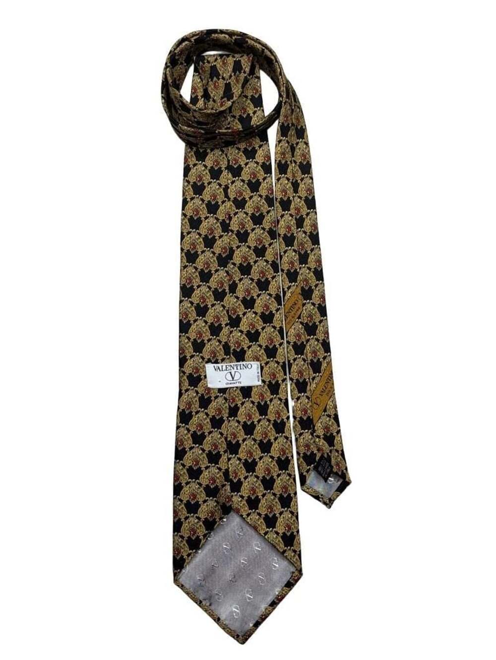 Valentino Silk Necktie Baroque Print Black Gold Hand Made In Italy